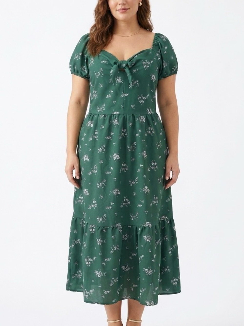 Forest Green Floral Tie-Front Puff Sleeve Midi Dress